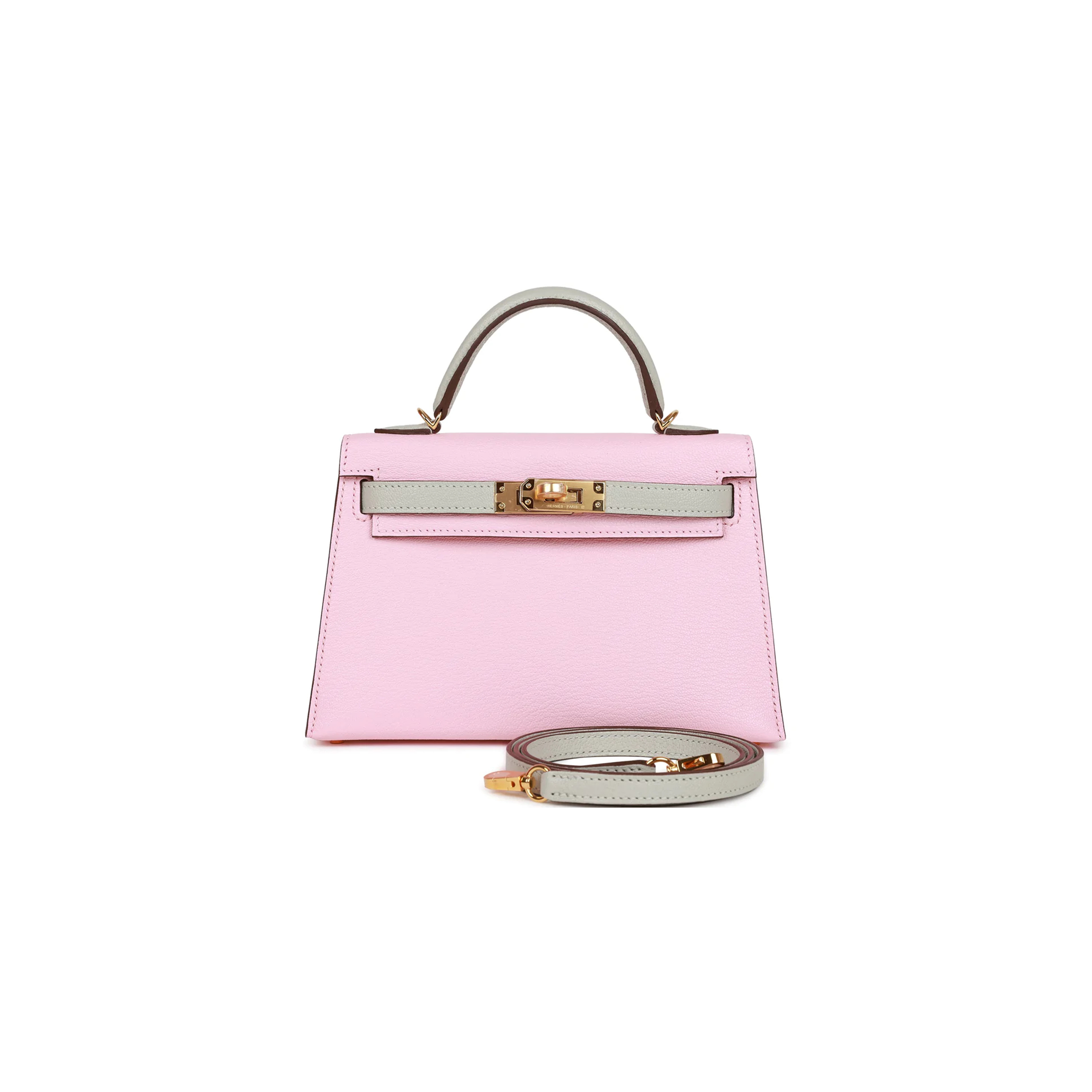 HERMÈS MASTER MINI KELLY II ROSE SAKURA AND GRIS PERLE CHEVRE GOLD HARDWARE (19*12*5.5cm) 